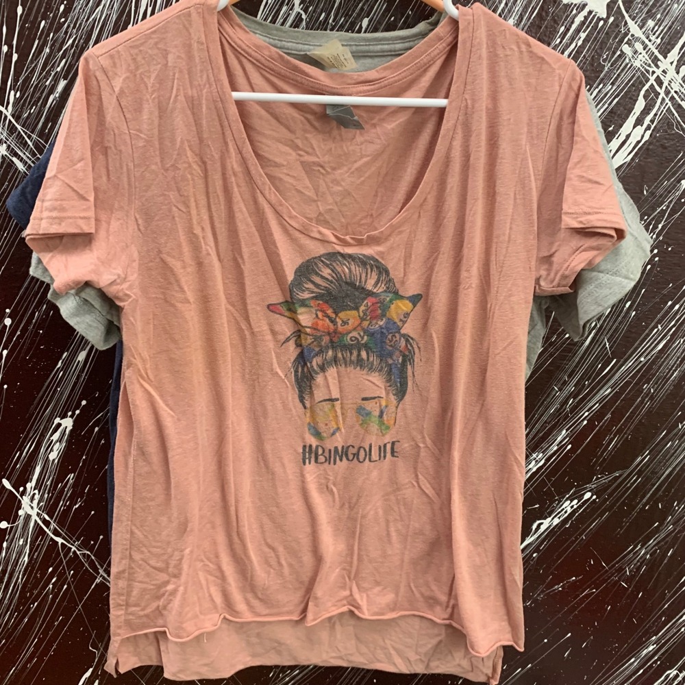 Lot of 3 Graphic Tees District Re-Tee Tultex Bingo Life Navy Grey Peach L M